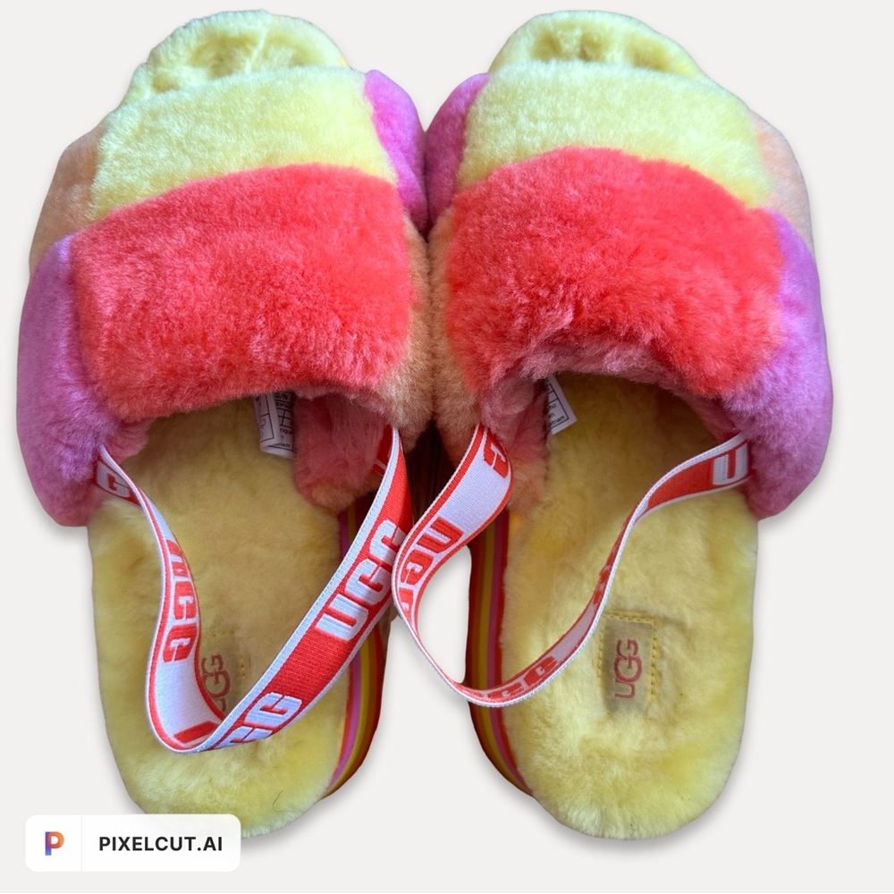 UGG Fluff Yeah Disco Checker Slide Pride Rainbow Slipper.  UGG Sling back.